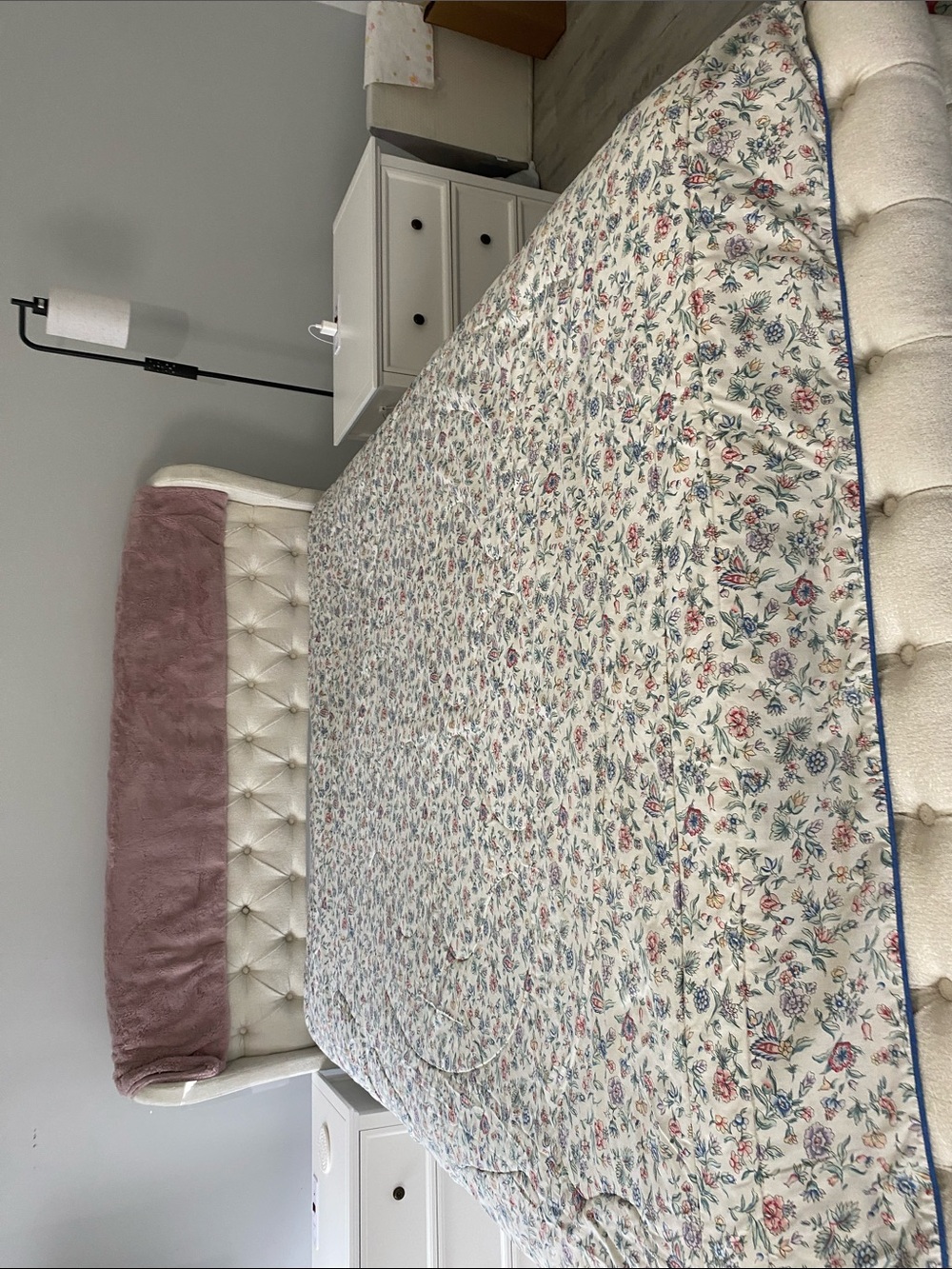 Laura Ashley Cream Floral Quilted Comforter‎ Blue Piping and Pink Blooms Vintage
